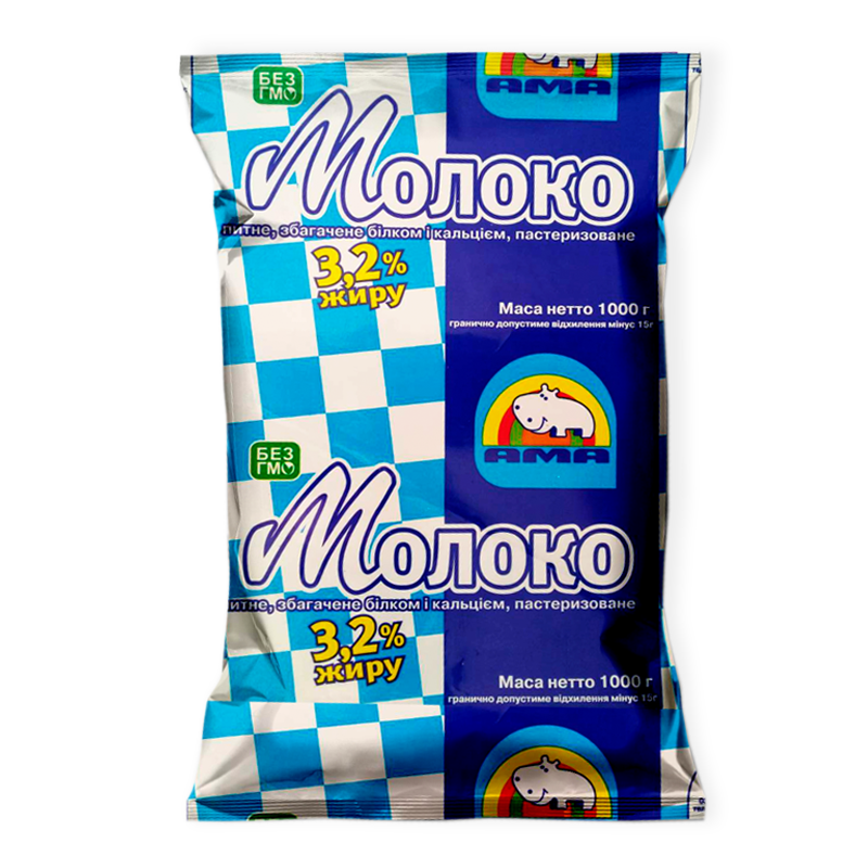 Молоко коров'яче АМА, пастеризоване, 3,2%, 1000г